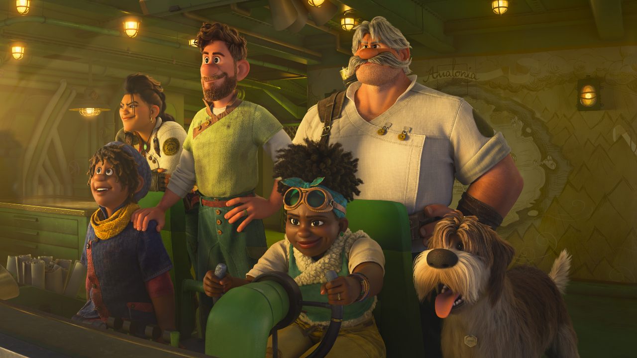 The crew of Strange World stands on the bridge of their ship.