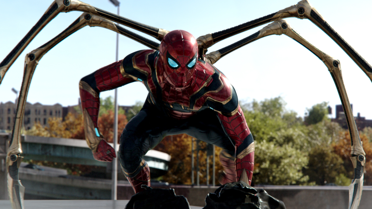 Spider-Man crouched in his Iron Spider suit in Spider-Man: No Way Home.