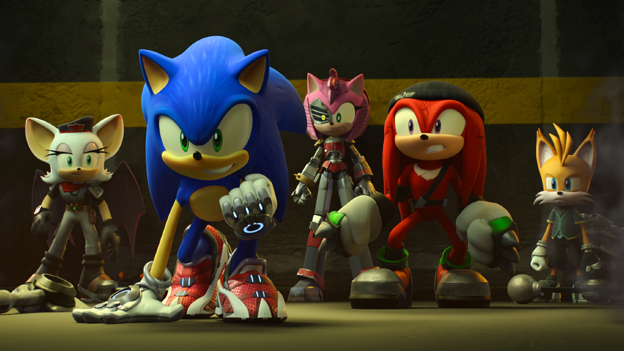 Соник и друзья стоят вместе среди обломков в Sonic Prime.
