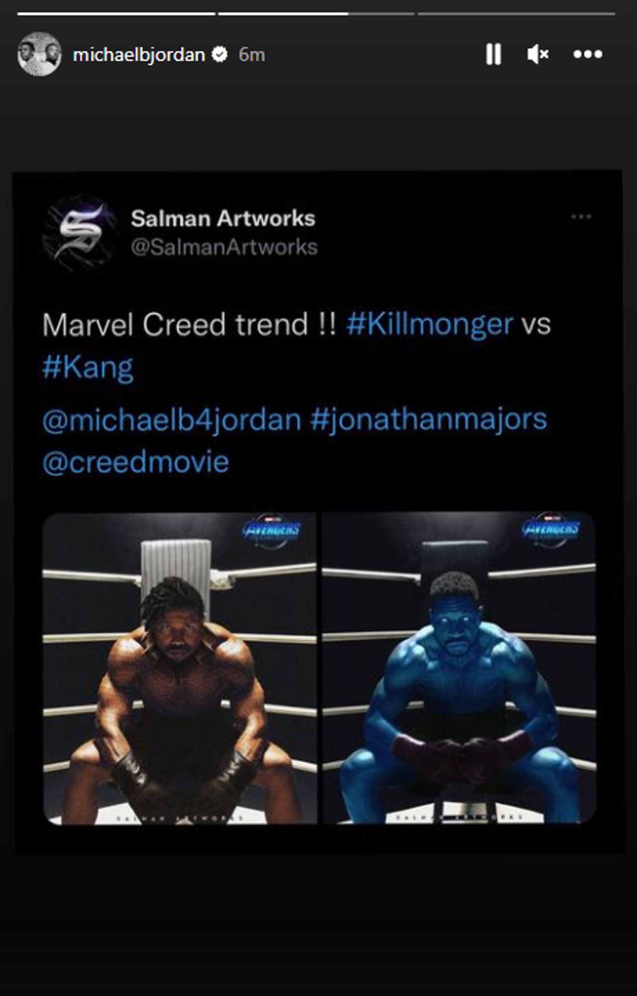 Скриншот фан-арта с Майклом Б. Джорданом в роли Киллмонгера и Джонатаном Мейджорсом в роли Канга, сидящего на боксерском ринге.