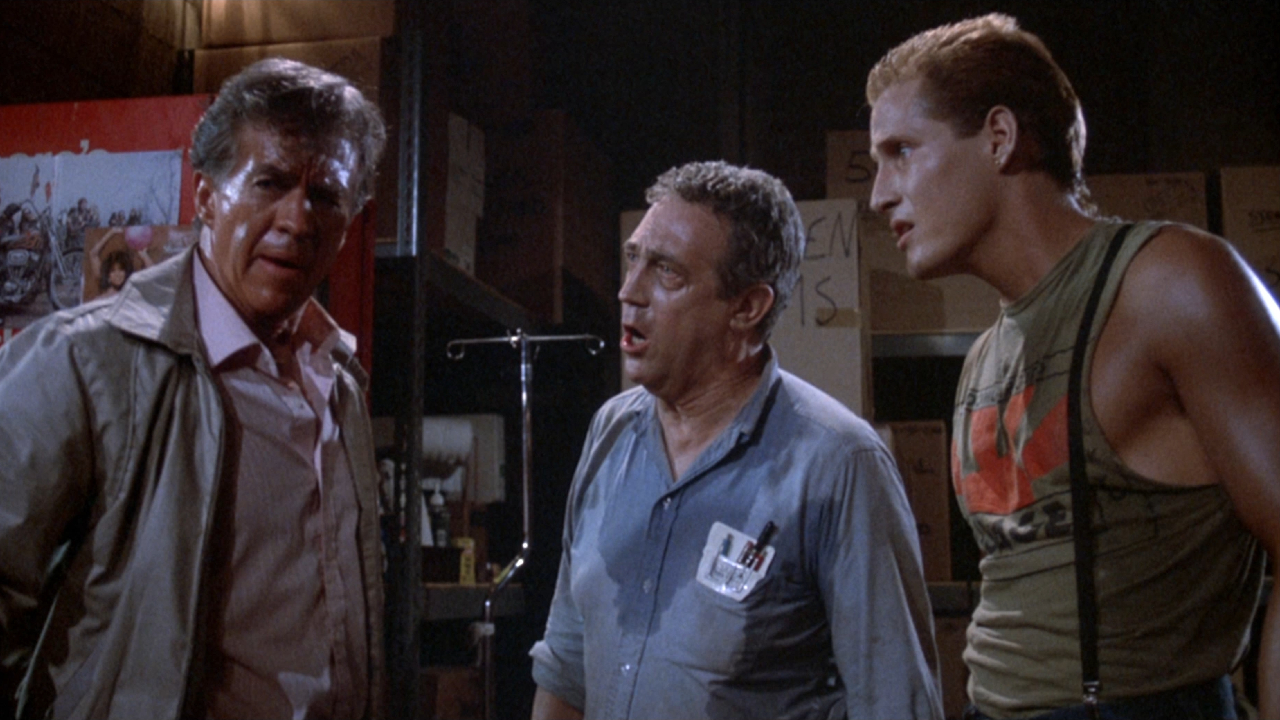 Clu Gulager, James Karen, and Thom Mathews in The Return of the Living Dead