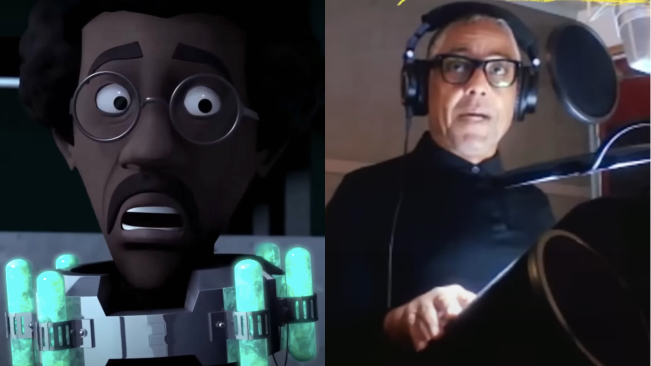 Baxter Stockman de Teenage Mutant Ninja Turtles (2012) et Giancarlo Esposito, photographiés côte à côte.