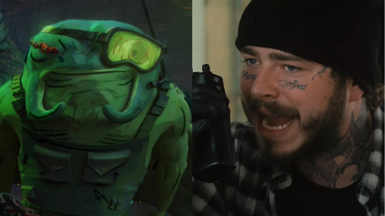 Ray Fillet dans Teenage Mutant Ninja Turtles: Mutant Mayhem et Post Malone dans Wrath of Man, photographiés côte à côte.