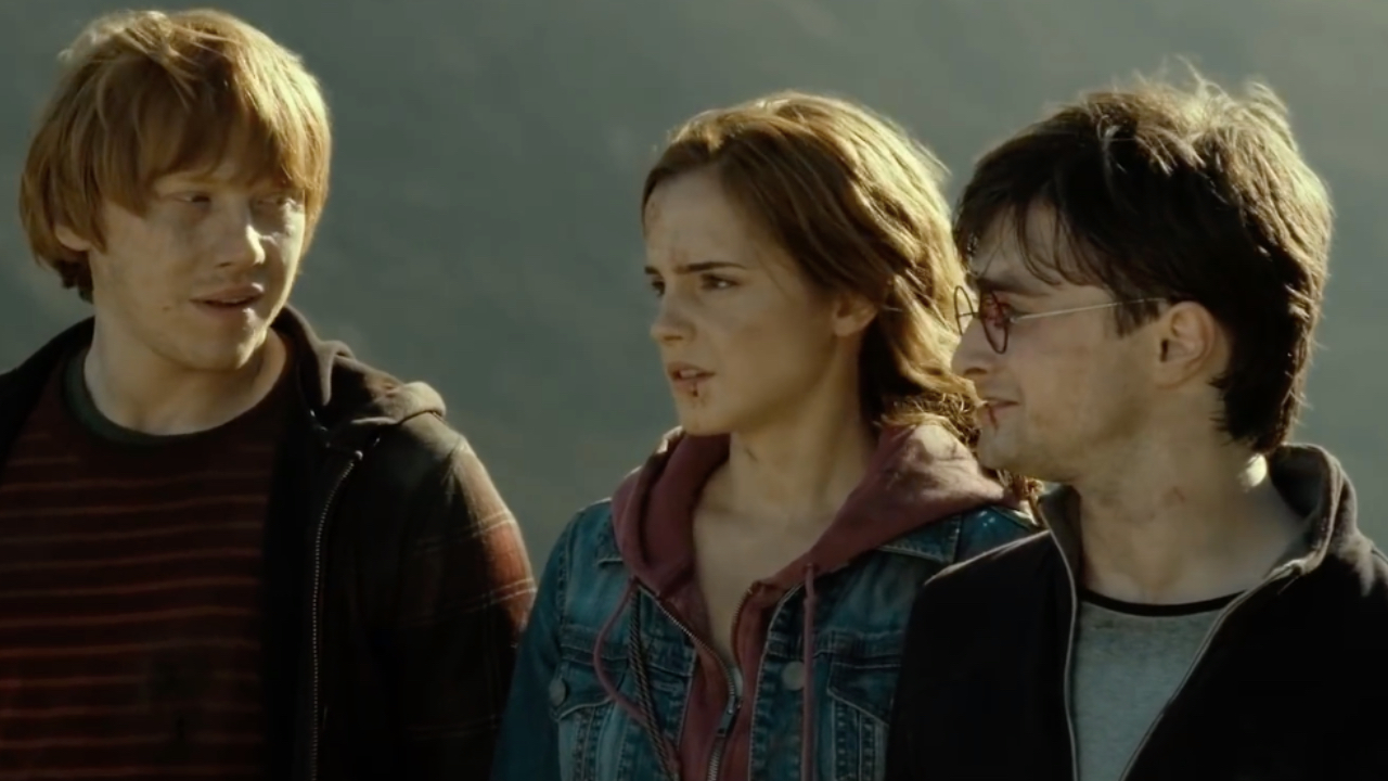 Harry (Daniel Radcliffe) Ron (Rupert Grint) et Hermione (Emma Watson) de Harry Potter et les reliques de la mort, partie 1