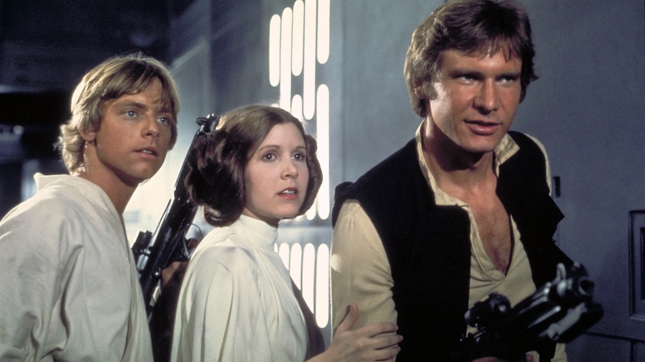 Mark Hamill, Carrie Fisher et Harrison Ford dans Star Wars : Un nouvel espoir en 1977