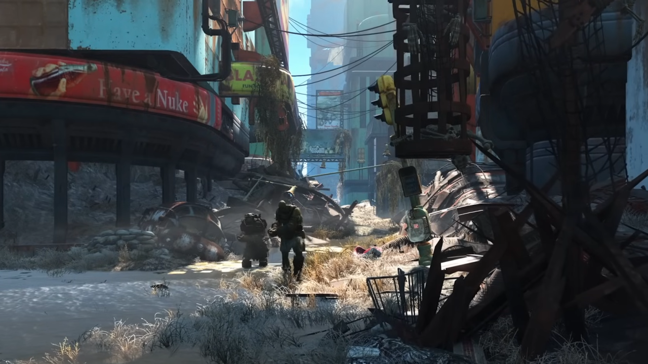 Deux personnages marchant dans les ruines de Fallout 4.