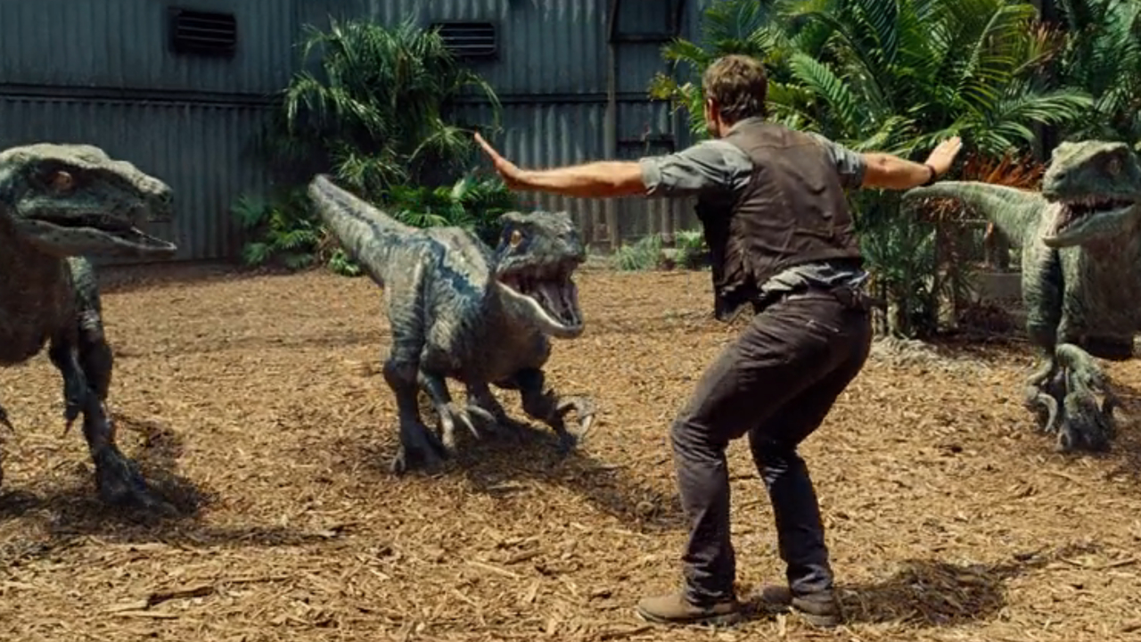 Chris Pratt et les rapaces dans Jurassic World