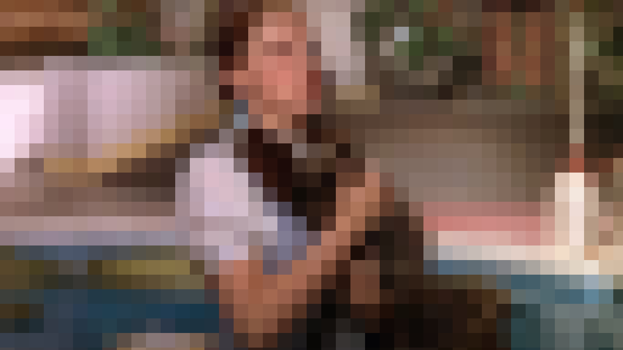 Джуди Гарленд держит свою собаку в стране Оз в «Волшебнике страны Оз», пикселизация.