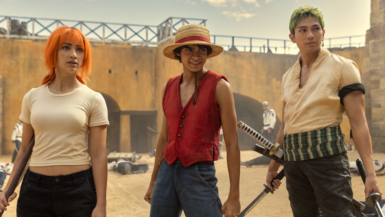Luffy d'Iñaki Godoy, Nami d'Emily Rudd et Zoro de Mackenyu dans One Piece en live-action