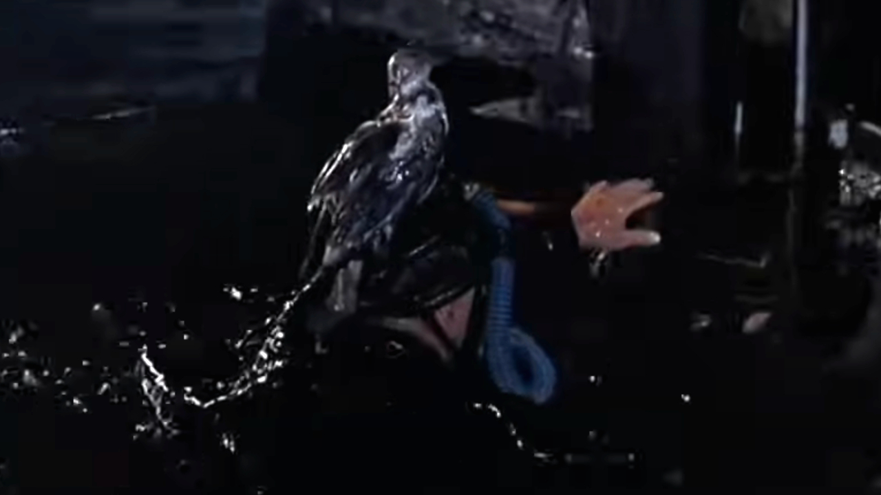 Сухой костюм в действии с птичьей приманкой на голове в «Голдфингере».