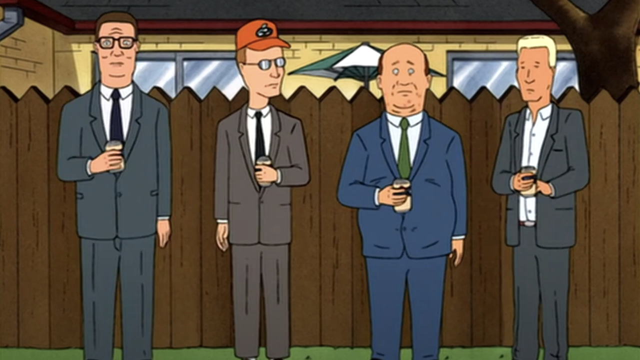 Hank, Bill, Dale et Boomhauer boivent sur le roi de la colline.