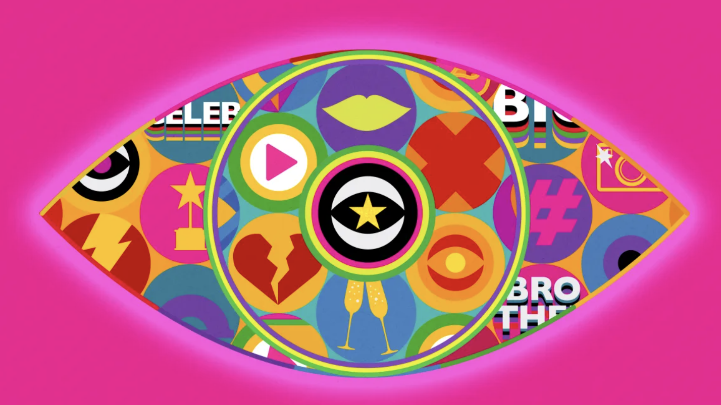 Логотип Celebrity Big Brother UK 2024 в виде глаза со звездой в центре, наложенной на розовый фон.
