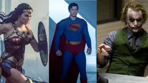 Wonder Woman (left) charges with a shield; Superman stands in the center; Joker (right) points