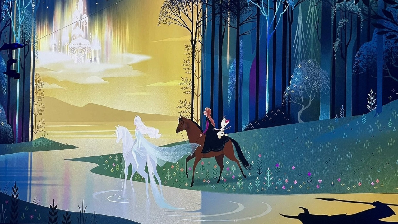 Konzeptkunst zu „Die Eiskönigin 3“ mit Anna und Elsa zu Pferd