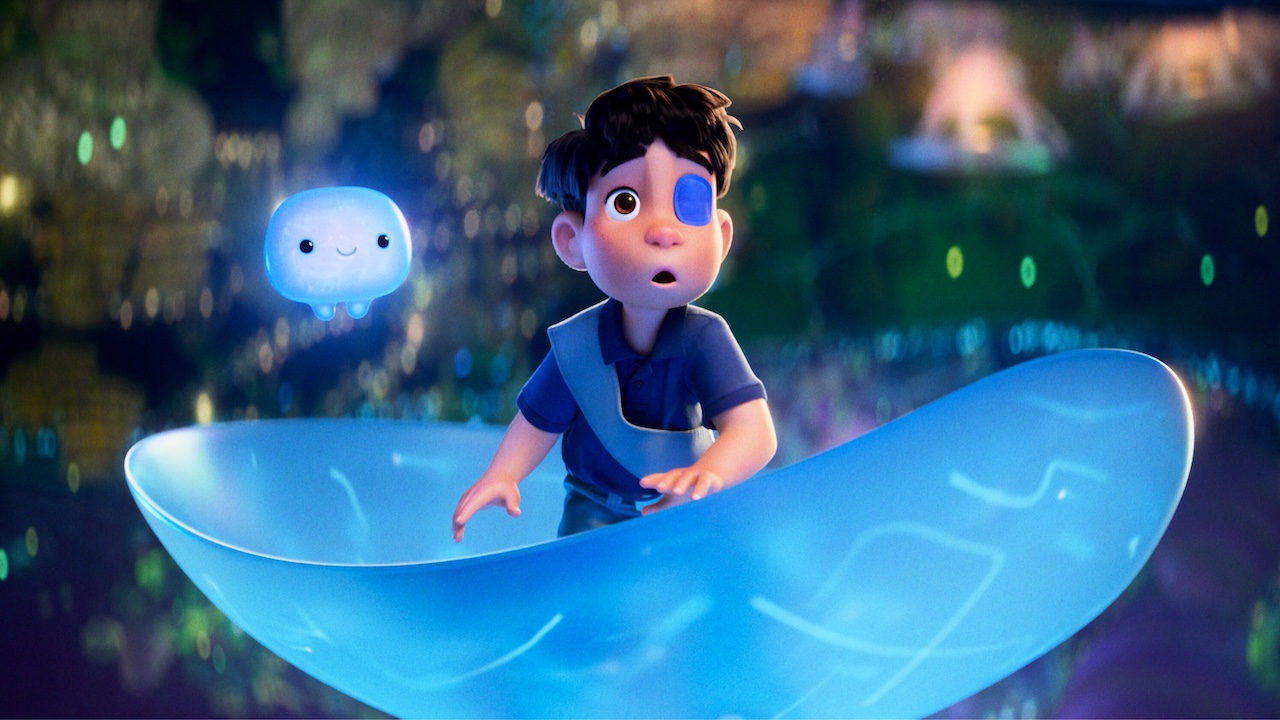 Elio keucht mit Ooooo auf einem blauen schwebenden Fahrzeug