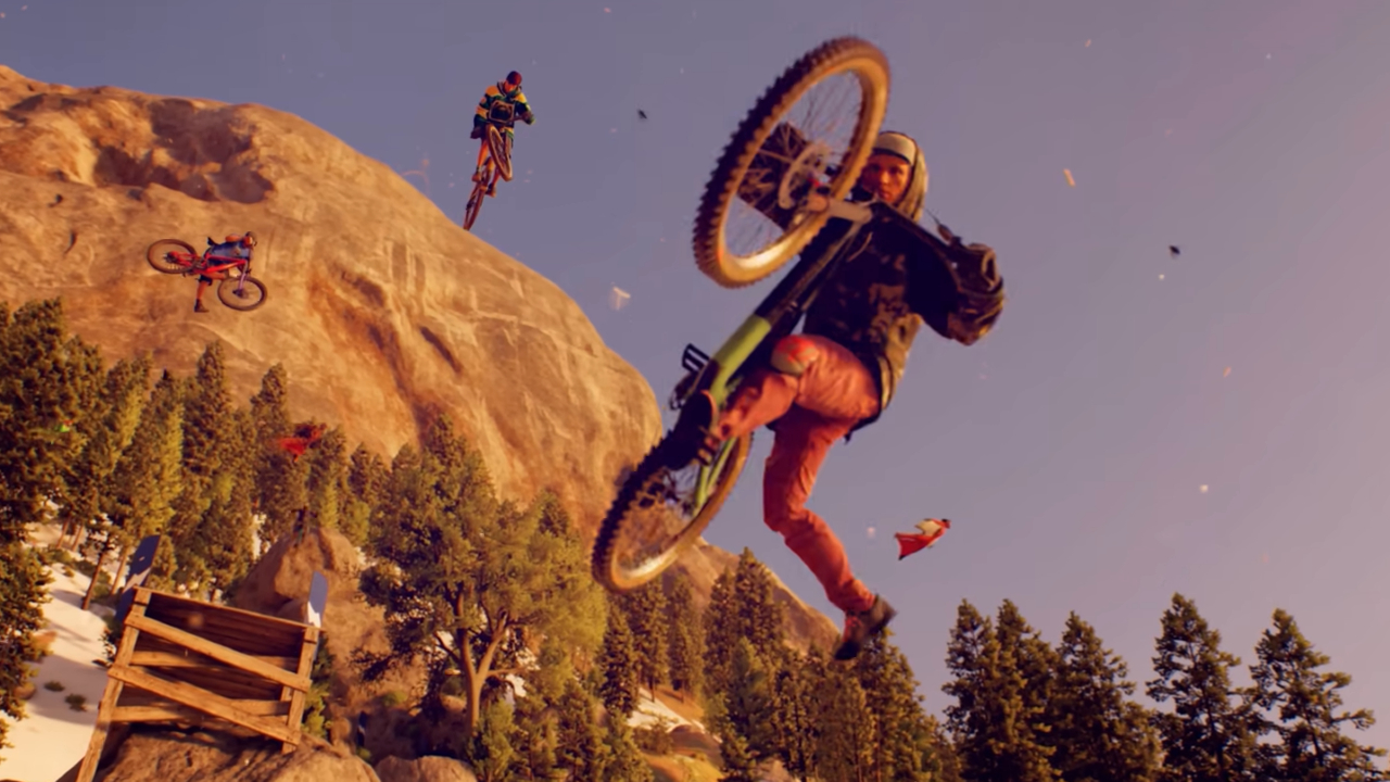 Bikers riding down a hill in Riders Republic