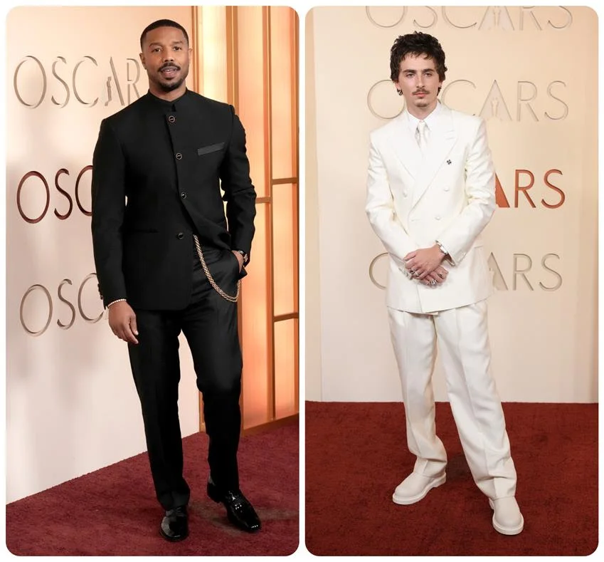 Michael B. Jordan im maßgeschneiderten Louis Vuitton, Timothée Chalamet im maßgeschneiderten Givenchy. Quelle: Getty