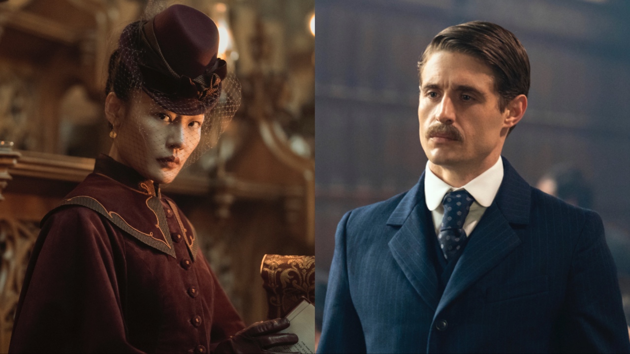Zine Tseng sitzt königlich und Max Irons steht aufrecht in der ersten Staffel von Young Sherlock