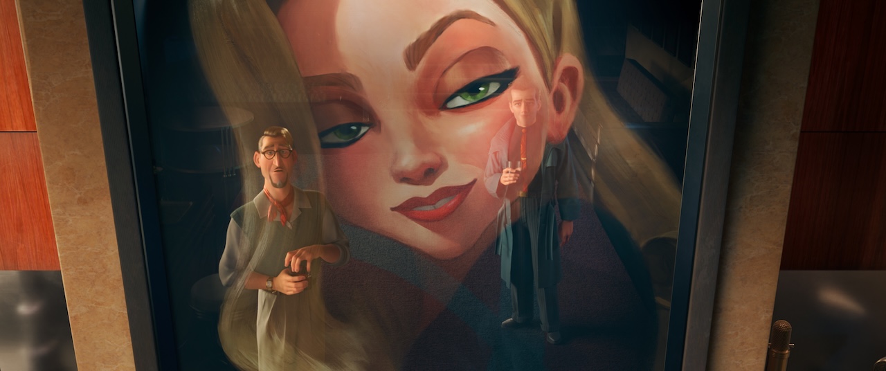 Ray Gunn und ein anderer Mann betrachten ein Poster von Venus Nova