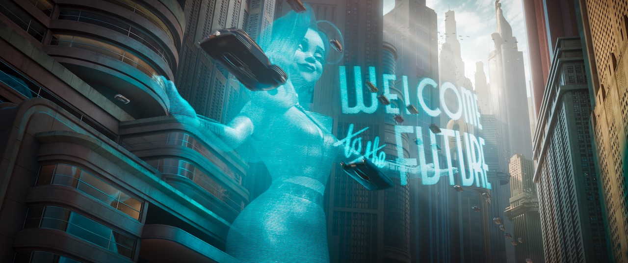 Riesiges Ologramm der Venus Nova in der Stadt Metropia im Zeichentrickfilm Ray Gunn