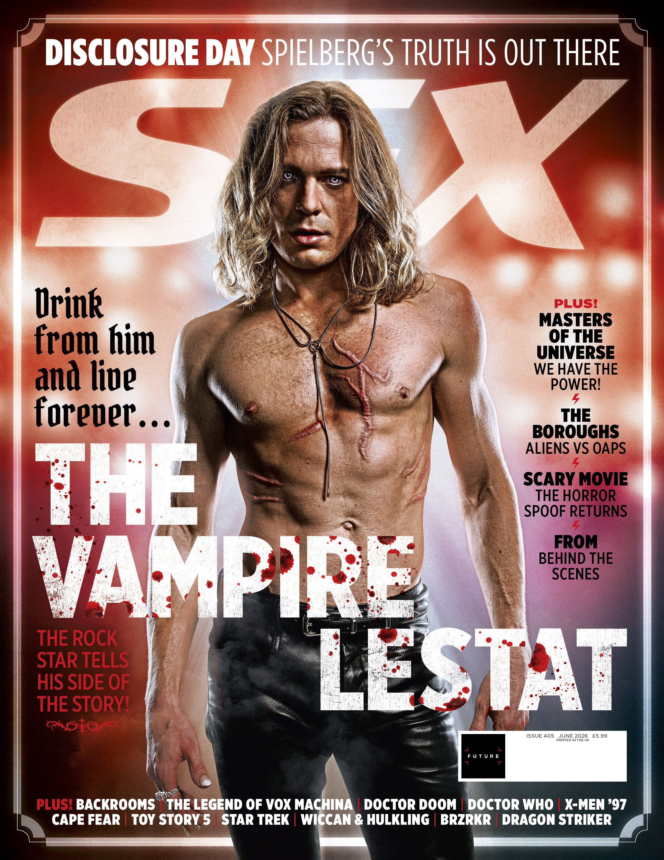 Un Sam Reid torse nu et pantalon de cuir sur la couverture de SFX 405.
