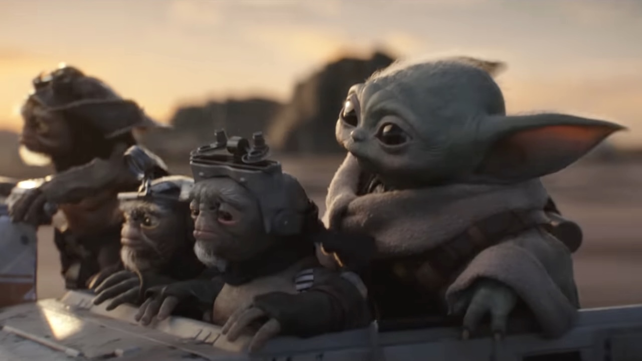 Grogu fährt mit einigen Anzellanern in einem Speeder in „The Mandalorian“ und „Grogu“.