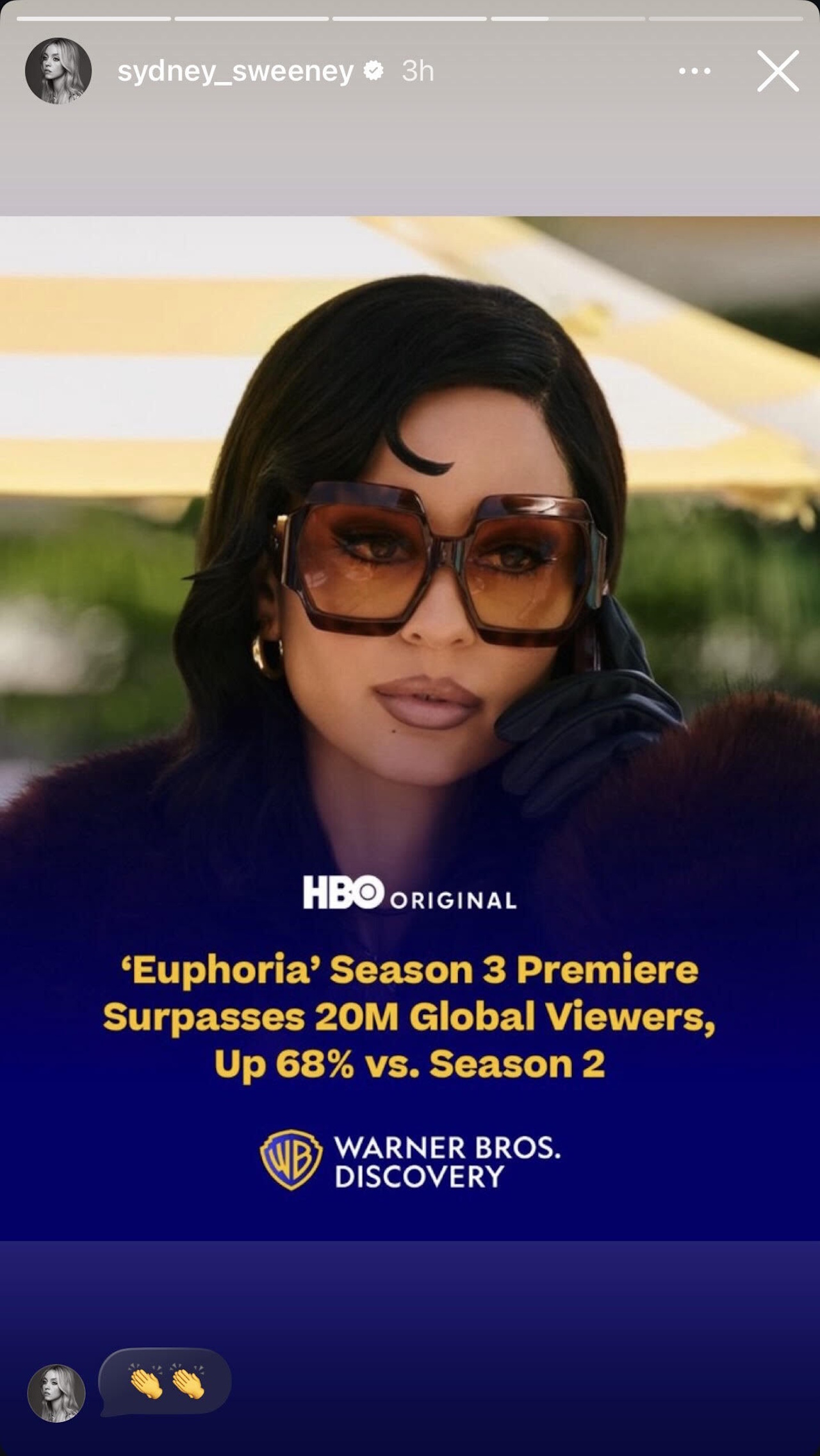 Sydney Sweeney partage une publication Instagram de Warner Bros. avec les chiffres d'audience de la première de la saison 3 d'Euphoria.